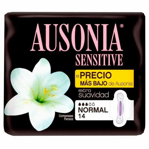 Ausonia Sensitive Pads with normal wings, designed for comfort and protection, featuring packaging from Jag Couture London New York.