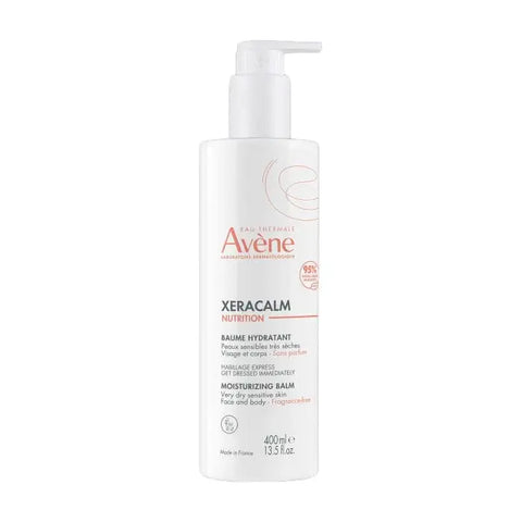 Avene Xeracalm Nutrition Moisturising Balm 400ml tub, creamy texture, labeled jar with blue and white packaging.