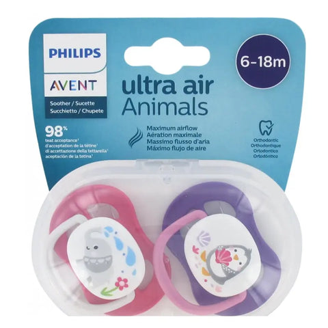 Avent 2 Ultra Air Animals Pacifiers for 6-18 months baby girl, featuring soft silicone tips and playful animal designs.