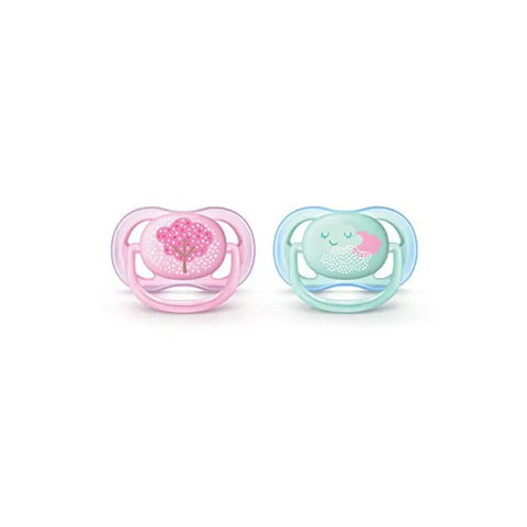 Avent 2 Ultra Air silicone pacifiers for 0-6 months, designed for infant comfort, with soft silicone nipple and ventilated shield.