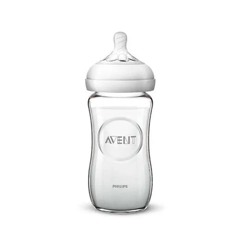 Avent baby bottle with clear natural polypropylene, 240ml capacity, featuring a nipple and measurement markings, by Jag Couture London New York.