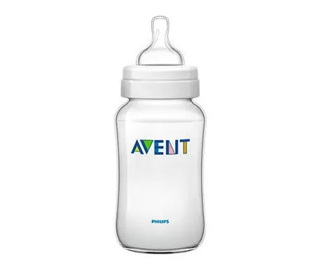 Avent Classic 330ml baby bottle by Jag Couture London New York, featuring a clear plastic body with a colorful silicone nipple.