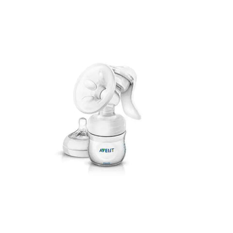 Avent Comfort manual breast pump with ergonomic handle and clear milk collection bottle, designed for efficient breastfeeding.