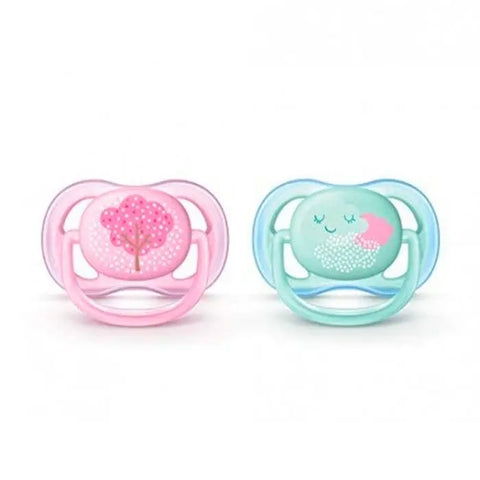 Avent girl's Ultra Air Deco soothers for 0-6 months, two-pack, with colorful decorative designs, by Jag Couture London New York.