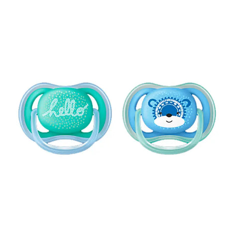 Avent Infant Ultra Air Pacifiers for 6-18 months, set of 2, with soft silicone nipples and breathable shield, by Jag Couture London New York.