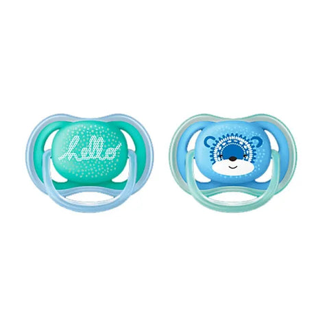 Avent infant Ultra Air pacifier for 6-18 months, two-pack, with soft silicone nipple and lightweight design for comfort.