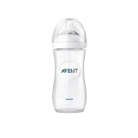 Avent Natural Baby Bottle SCF696/17 330ml for 3 months+ with clear plastic body and measurement markings, held in a baby’s hand.