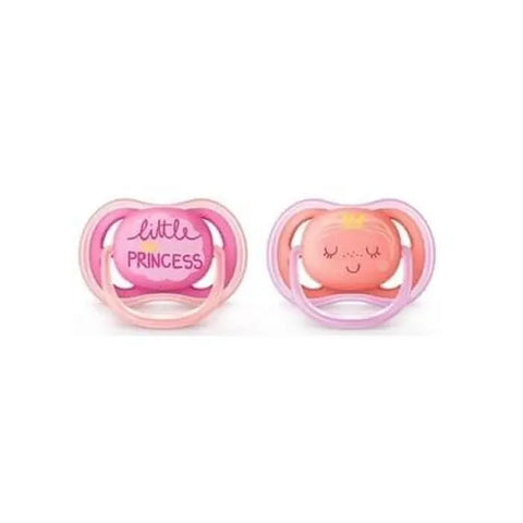 Avent Ultra Air Pacifiers, 2-pack in pink and salmon, baby pacifiers with breathable silicone shields by Jag Couture London New York.