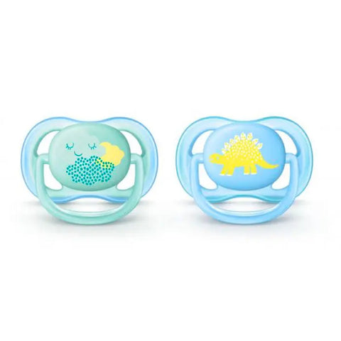 Avent Ultraair infant silicone pacifiers for 0-6 months, set of 2, with soft nipple and shield, from Jag Couture London New York.