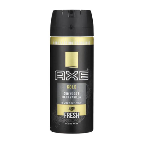 Axe Gold Deodorant 150ml spray bottle from Jag Couture London New York, with sleek gold packaging on a white background.