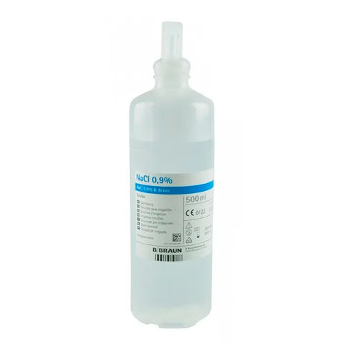 B. Braun physiological saline solution 500L in a sterile container, displayed with branding from Jag Couture London New York.