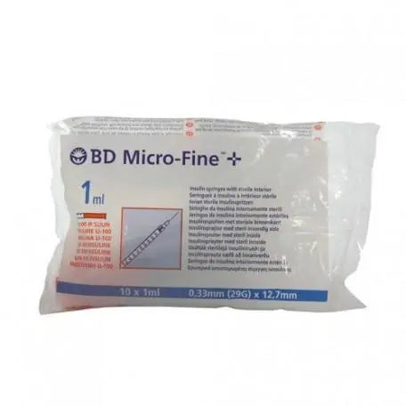 B.D Ultra Fine insulin syringe U-100, 1ml, 29G, 12.7mm, 10 units, for insulin administration, Becton Dickinson.