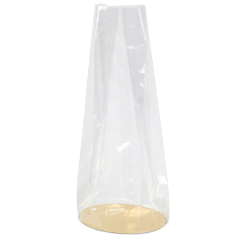Clear 160mm double gusseted bag with gold base card by Jag Couture London - New York, showing the bag's transparent material and gold accents.