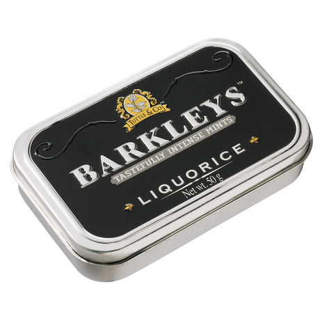 Jag Couture London - New York Barkleys classic liquorice mints in a luxury tin, showcasing glossy black mints inside.