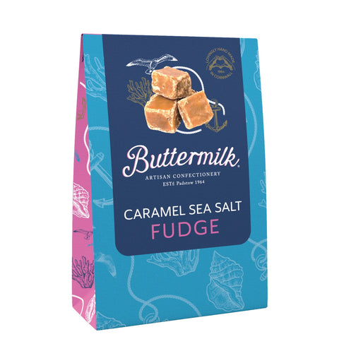 Buttermilk crumbly caramel sea salt fudge in a sharing box by Jag Couture London New York, with creamy texture and golden caramel color.