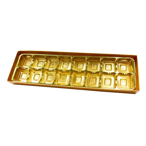 Gold chocolate base, vacuum tray, and cello lid in a jewelry display box by Jag Couture London - New York.