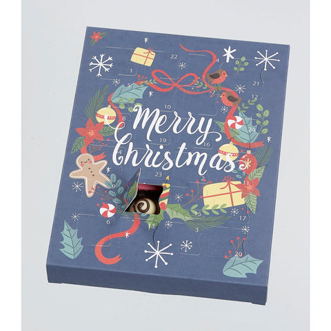 Empty advent calendar with a wreath design from Jag Couture London, 24 chocolate compartments, 192x32.5x252mm.