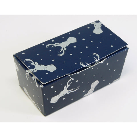 Navy chocolate box with silver stag design by Jag Couture London New York, elegant packaging for special occasions.