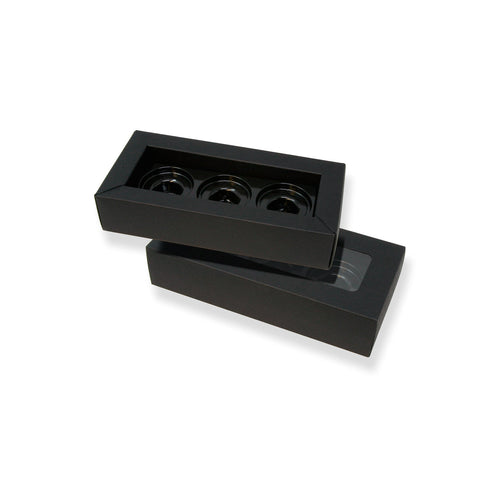 Black buffer box with three vacuum trays and sleeve for Visser Picasso range by Jag Couture London - New York.