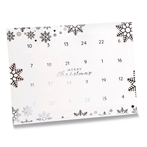 White snowflake design advent calendar box by Jag Couture London, featuring 24 chocolate compartments, 192x32.5x252mm.