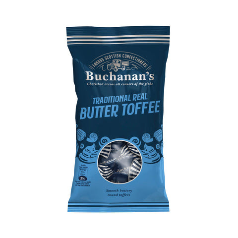 Bag of Buchanan's Traditional Real Butter Toffees by Jag Couture London - New York, showing golden caramel toffees inside a clear bag.