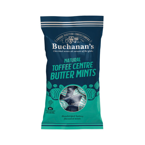 Jag Couture London - New York Buchanan's Natural Toffee Centre Butter Mints in a bag, showing soft toffee centers and mint exterior.