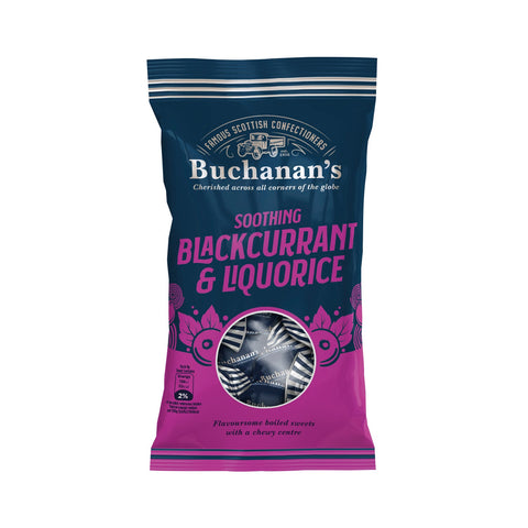 Bag of Buchanan's soothing blackcurrant and liquorice candies from Jag Couture London - New York, with colorful packaging and candies inside.