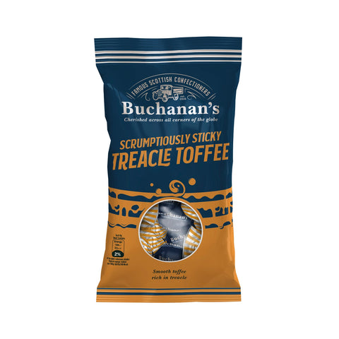 Bag of Buchanan's Scrumptiously Sticky Treacle Toffee by Jag Couture London-New York, showing glossy caramel toffee pieces in a clear bag.