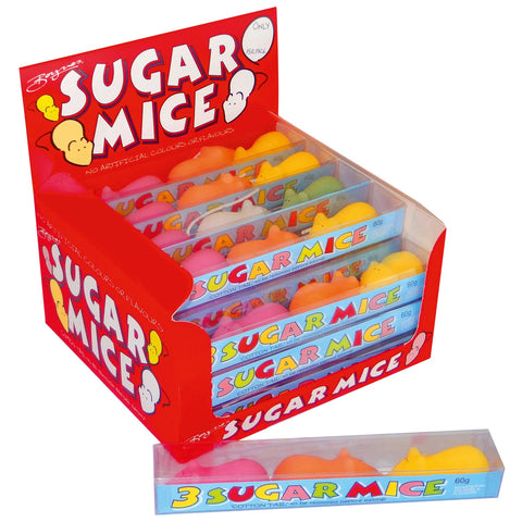 Three sugar mice in a cello gift box, displayed in a counter display, from Jag Couture London - New York.