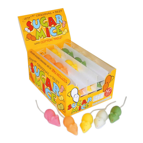 Assorted colorful sugar mice candies in a display box, created by Jag Couture London - New York, showcasing vibrant confectionery treats.