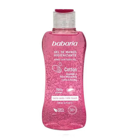 Babaria Cotton Sanitizing Hand Gel with 70% alcohol in a 100ml bottle, displayed with branding tags.