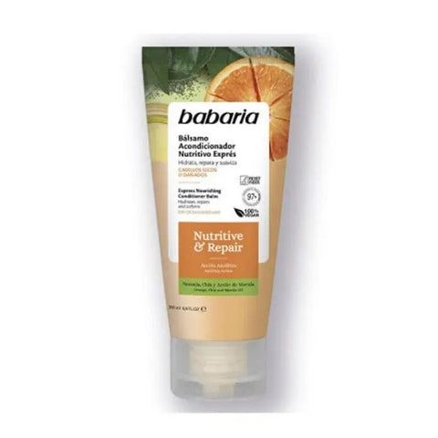 Babaria Nutritive & Repair Express Conditioning Balm 200ml, creamy hair treatment in a white jar with a gold lid