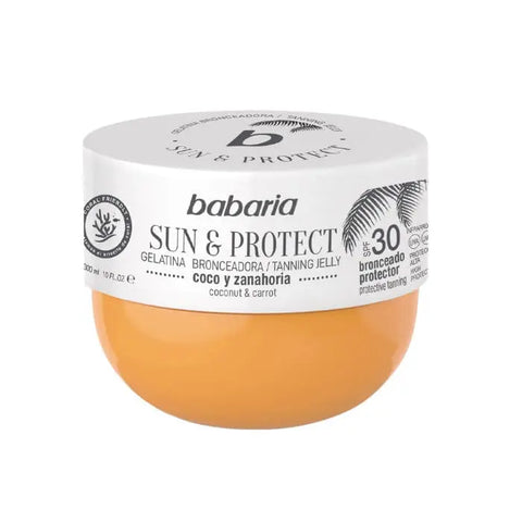 Babaria Tanning Jelly Sun & Protect with coconut and carrot extracts, SPF 30, in a 300ml bottle, by Jag Couture London New York.