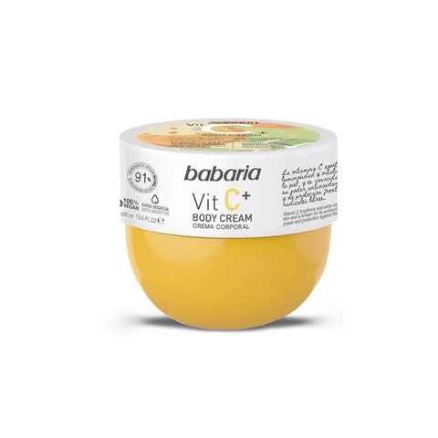 Babaria Vitamin C body cream in a 400ml jar, featuring bright citrus ingredients and smooth moisturizing texture.