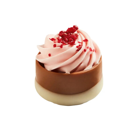 Raspberry ganache cupcake by Jag Couture London, showcasing a chocolate cupcake topped with raspberry ganache and decorative frosting.