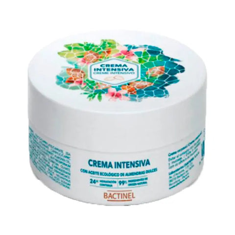 Bactinel Intensive Cream with organic sweet almond oil in a 185g jar, by Jag Couture London New York, showing the cream and packaging.