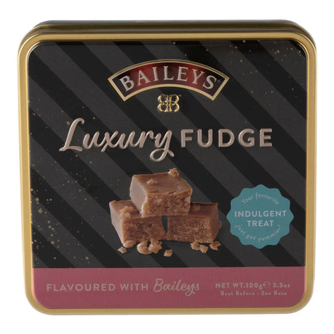 Baileys-flavored luxury fudge in a square tin, by Jag Couture London New York, showcasing creamy, rich confectionery.