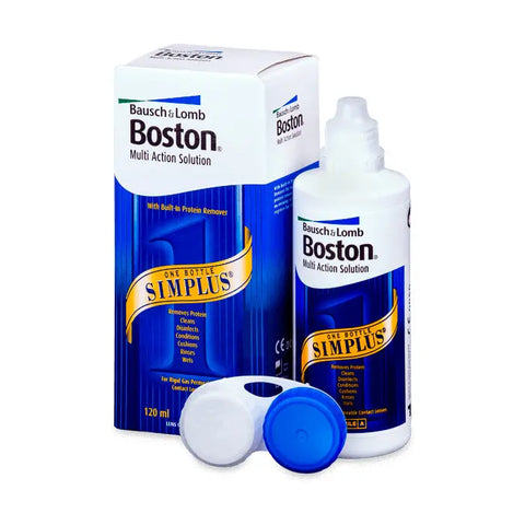 Bausch+Lomb Boston Simplus contact lens solution bottle, 120ml, with label and cap visible, by Jag Couture London New York.
