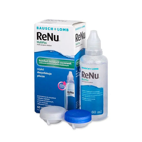 Bausch+Lomb Renu Multiplus 60ml eye drop bottle with packaging, displayed on a neutral background.