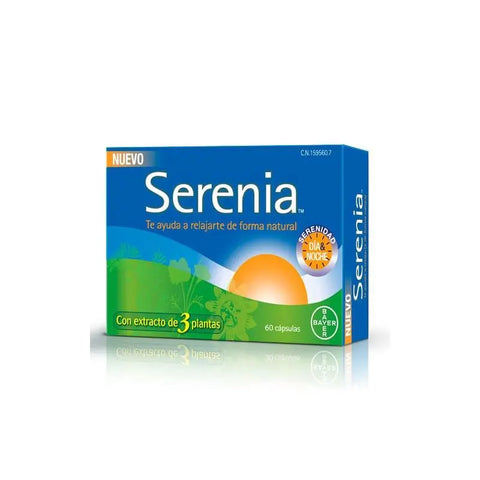 Bayer Serenia natural relaxation capsules in a bottle, designed for day and night use, by Jag Couture London New York.