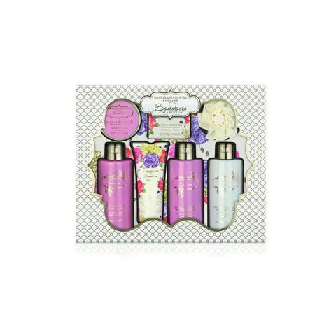 Baylis and Harding Boudoire white 7-piece tray set displayed on a bathroom countertop, stylish and elegant for home decor.