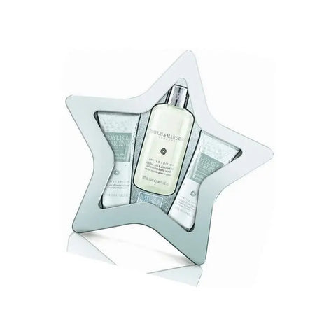 Baylis and Harding Jojoba, Silk, and Almond Oil shower set in star tin, 3-piece luxury bath collection by Jag Couture London.