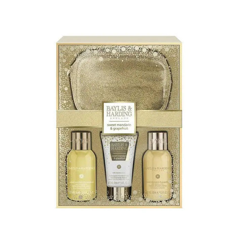 Baylis and Harding Mosaic Sweet Mandarin and Grapefruit 4-piece set, featuring bottles with orange and grapefruit designs.