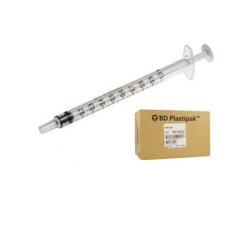 Three Bd Plastipak syringes with needles, 1ml capacity, from Jag Couture London New York, displayed on a white background.
