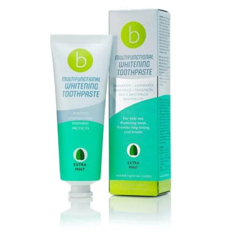 Beconfident multifunctional extra mint whitening toothpaste in 75ml tube, featuring fresh mint flavor from Jag Couture London New York