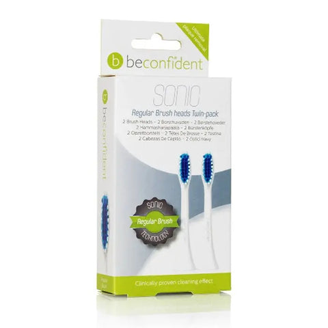 Beconfident Sonic regular brush heads in white, 2-pack by Jag Couture London New York, shown with close-up of brush heads.