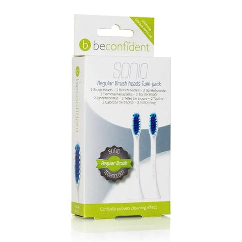 Two Beconfident Sonic Regular Brush Heads in white for electric toothbrushes, from Jag Couture London New York.