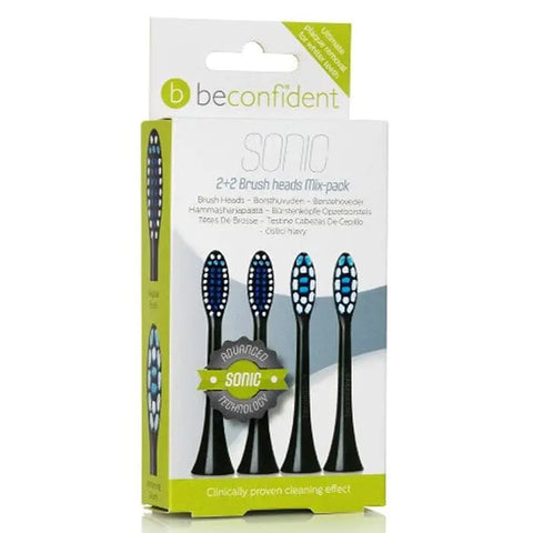 Set of four Beconfident Sonic whitening and regular brush heads in black for electric toothbrush by Jag Couture London New York.