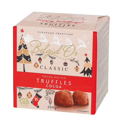 Belgid'Or cocoa dusted truffles in a festive Christmas gift box by Jag Couture London New York, featuring holiday-themed chocolates.