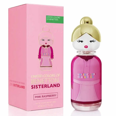 Benetton Sisterland Pink Raspberry Eau De Toilette spray 80ml with pink and raspberry floral design, displayed on a clean background